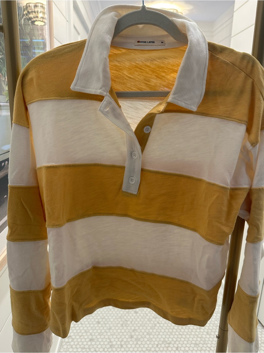 Marine Layer Women's Mustard & White Striped Rugby Polo